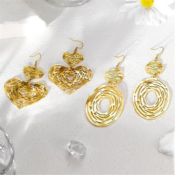 Big Gold Hollow Out Boho Geometric Hook Statement Gold Hoop Dangle Earrings - Picture 8 of 8